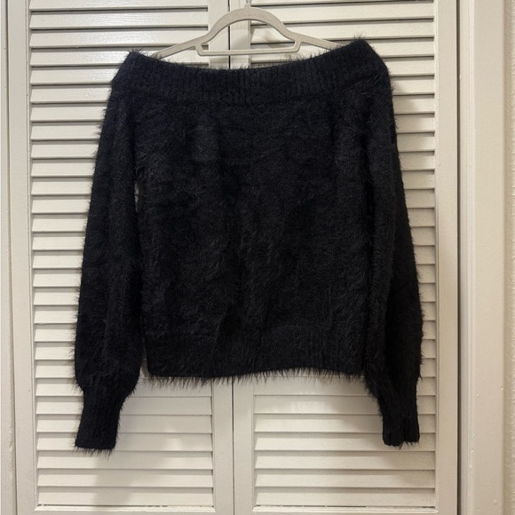 River Island black furry off shoulder sweater - Picture 2 of 7